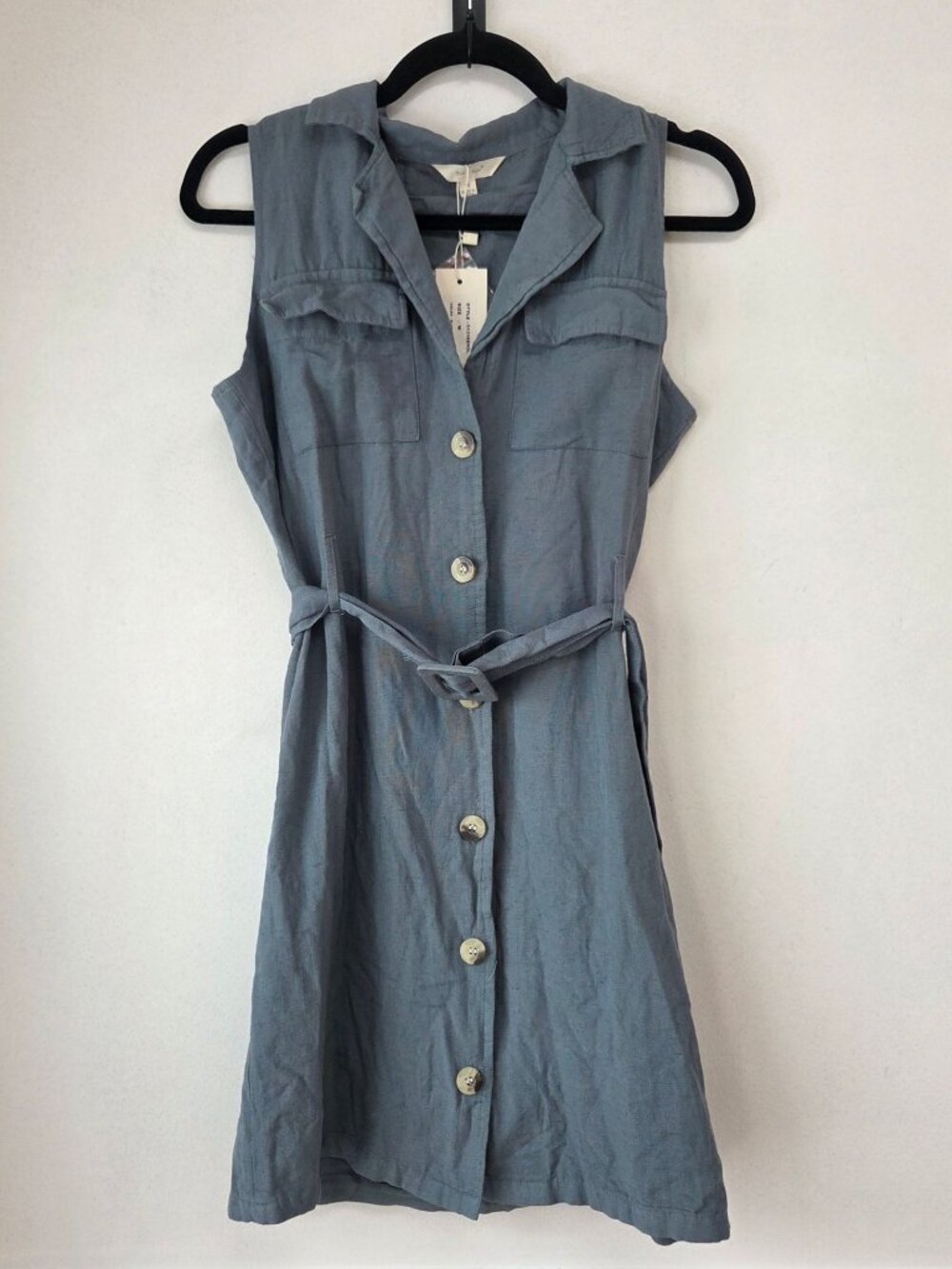 NWT Sim & Sam Linen Blend Blue Sleeveless Shirt Dress Women's M
